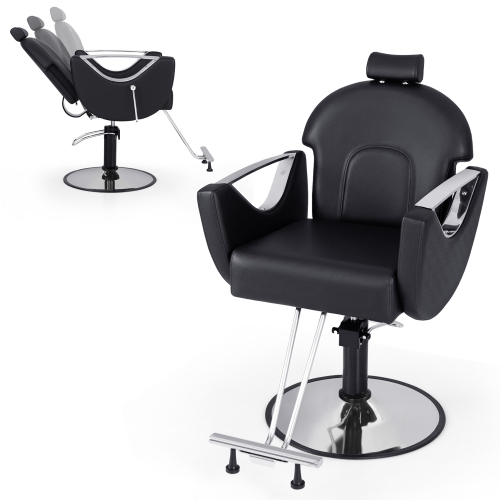 GYMAX  Barber Chair Reclining Salon Chair for Hair Stylist W/ Adjustable Height Headrest In Black