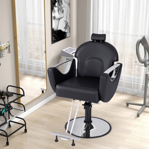 Gymax Barber Chair Reclining Salon Chair for Hair Stylist w/ Adjustable Height Headrest Black