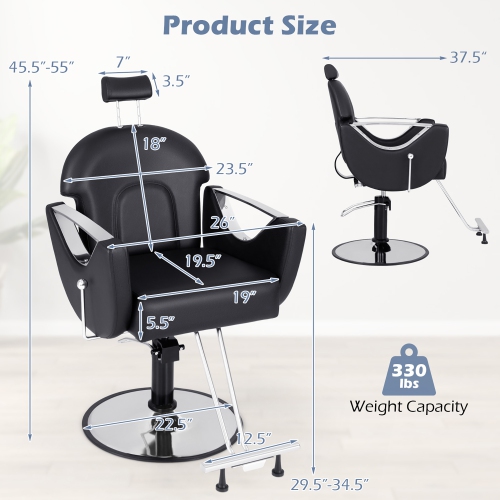 Gymax Barber Chair Reclining Salon Chair for Hair Stylist w/ Adjustable Height Headrest Black
