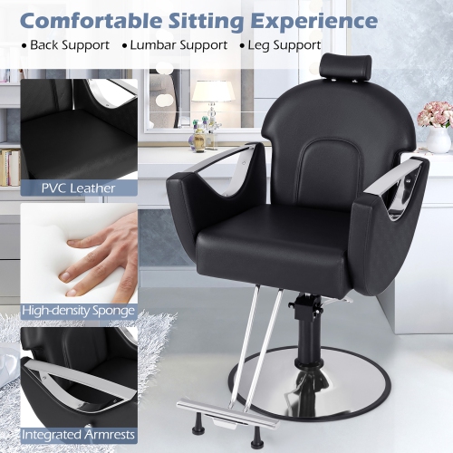 Gymax Barber Chair Reclining Salon Chair for Hair Stylist w/ Adjustable Height Headrest Black