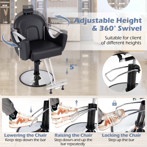 Gymax Barber Chair Reclining Salon Chair for Hair Stylist w/ Adjustable Height Headrest Black