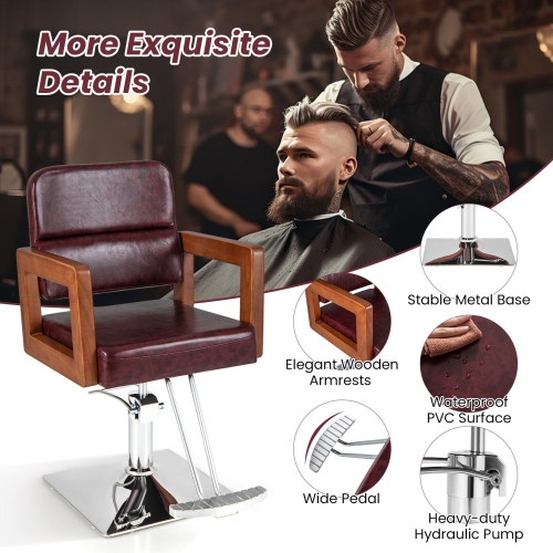 Gymax Adjustable Salon Chair Hydraulic Barber Solid Wood Armchair with 360° Rotation