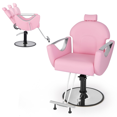 GYMAX  Barber Chair Reclining Salon Chair for Hair Stylist W/ Adjustable Height Headrest In Pink