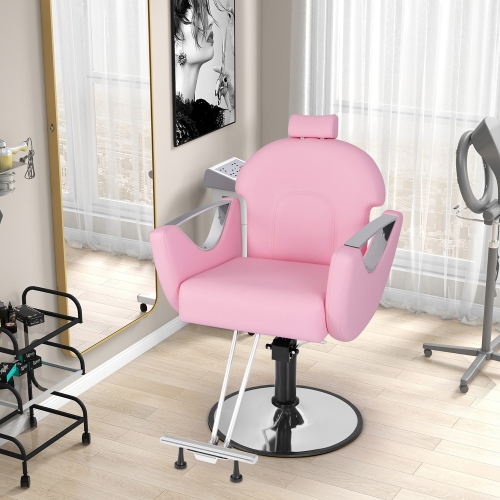 Gymax Barber Chair Reclining Salon Chair for Hair Stylist w/ Adjustable Height Headrest Pink