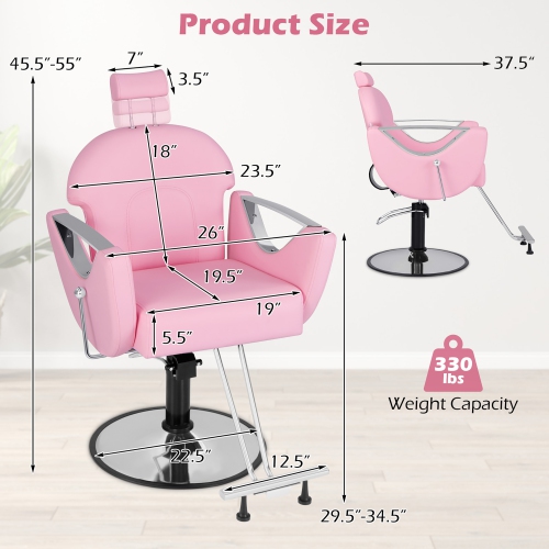 Gymax Barber Chair Reclining Salon Chair for Hair Stylist w/ Adjustable Height Headrest Pink