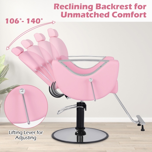 Gymax Barber Chair Reclining Salon Chair for Hair Stylist w/ Adjustable Height Headrest Pink