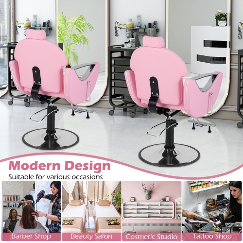 Gymax Barber Chair Reclining Salon Chair for Hair Stylist w/ Adjustable Height Headrest Pink