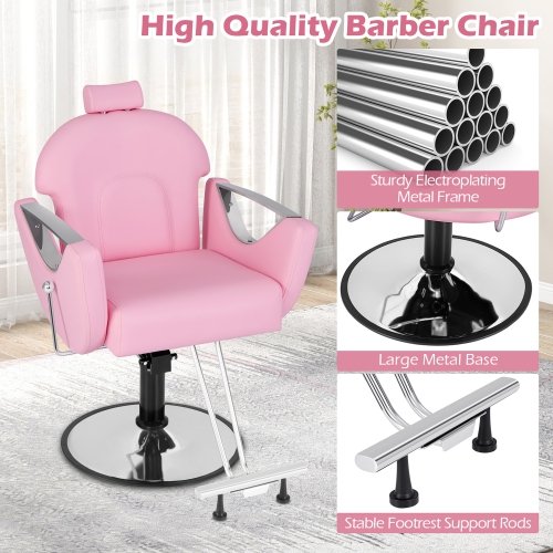 Gymax Barber Chair Reclining Salon Chair for Hair Stylist w/ Adjustable Height Headrest Pink