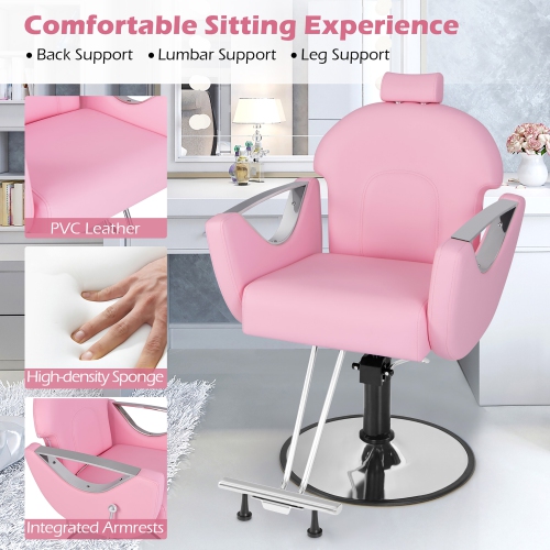 Gymax Barber Chair Reclining Salon Chair for Hair Stylist w/ Adjustable Height Headrest Pink