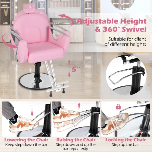 Gymax Barber Chair Reclining Salon Chair for Hair Stylist w/ Adjustable Height Headrest Pink