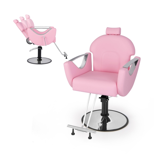 Gymax Barber Chair Reclining Salon Chair for Hair Stylist w/ Adjustable Height Headrest Pink