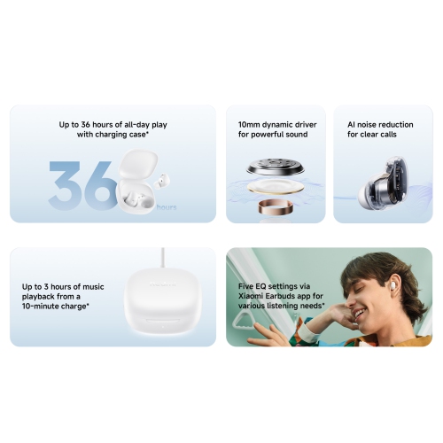 Xiaomi Redmi Buds 6 Play – True Wireless Earbuds with Deep Bass, 36-Hour Battery, IPX4 Water Resistance & Bluetooth 5.4, White