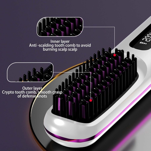 Brosse lissante portative, chaleur rapide, mini vague, technologie ionique négative, réglable Sans fil, pour tous les types de cheveux, blanc