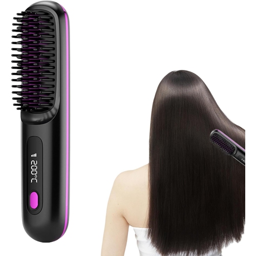 GREEN SCENIC  Portable Straightening Brush, Fast Heat, Mini Wave, Negative Ion Technology, Adjustable, Cordless, for All Hair Types In Black
