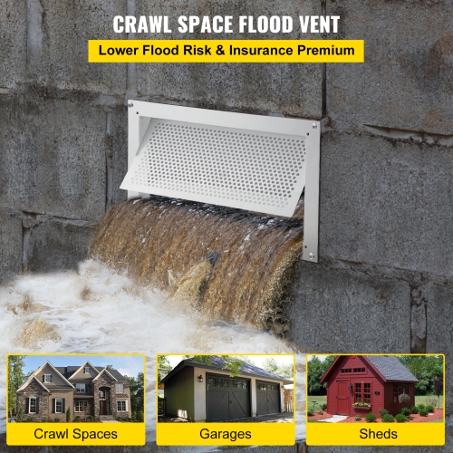 VEVOR Flood Vent, 8" Height x 16" Width x 2" Depth Foundation Flood Vent,to Reduce Foundation Damage and Flood Risk, White, Wall Mounted, for Crawl