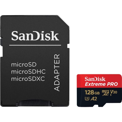 SanDisk 128GB Extreme PRO microSD UHS-I Card with Adapter C10, U3, V30, A2, 200MB/s Read 90MB/s Write SDSQXCD-128G-GN6MA