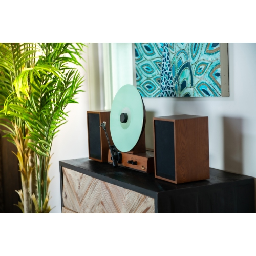 Fuse GLD Vertical Vinyl Record Player with Black Trim, External Speakers, Audio Technica Needle, and Bluetooth In/Out