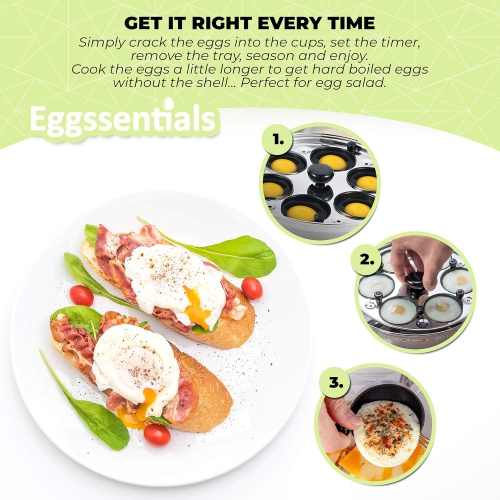 Eggssentials 6-Cup Nonstick Stainless Steel Egg Poacher Pan with Glass Lid and Spatula