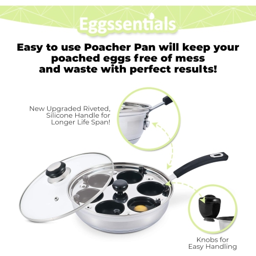 Eggssentials 6-Cup Nonstick Stainless Steel Egg Poacher Pan with Glass Lid and Spatula