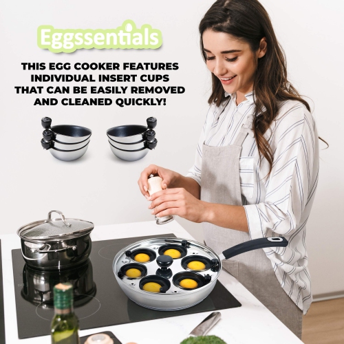 Eggssentials 6-Cup Nonstick Stainless Steel Egg Poacher Pan with Glass Lid and Spatula