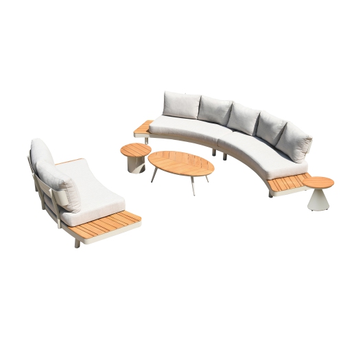 DEKO LIVING  6 Place Seating Outdoor Cream Aluminum And Teak Contour Sofa Set