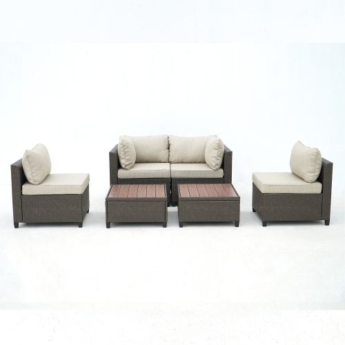 Deko Living 8 Piece Brown Outdoor Sectional Wicker Sofa Chairs and Tables with Interchangable Beige and Red Cushion Covers