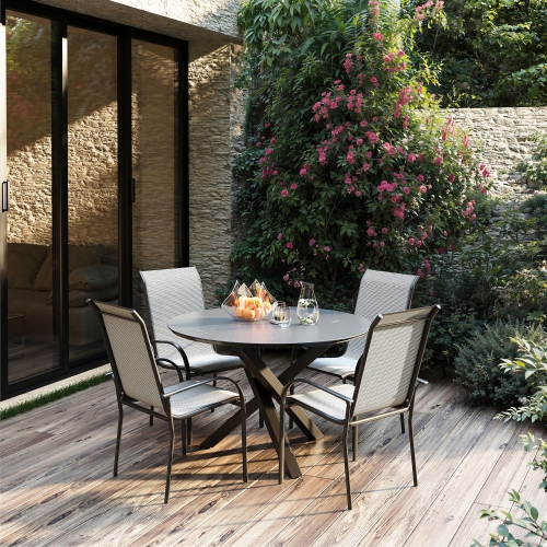 Deko Living 4 Place Seating Grey Outdoor Aluminum Round Patio Dining Table and Stackable Chairs Set