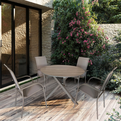 Deko Living 4 Place Seating Champagne Outdoor Aluminum Round Patio Dining Table and Stackable Chairs Set