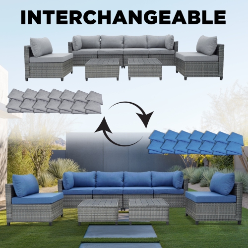 Deko Living 8 Piece Gray Outdoor Sectional Wicker Sofa Chairs and Tables with Interchangable Blue and Gray Cushion Covers