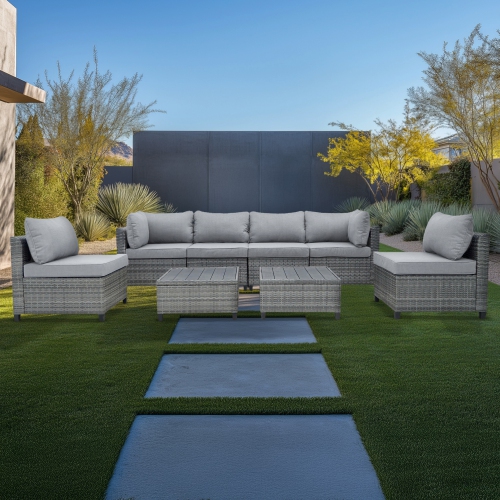Deko Living 8 Piece Gray Outdoor Sectional Wicker Sofa Chairs and Tables with Interchangable Blue and Gray Cushion Covers