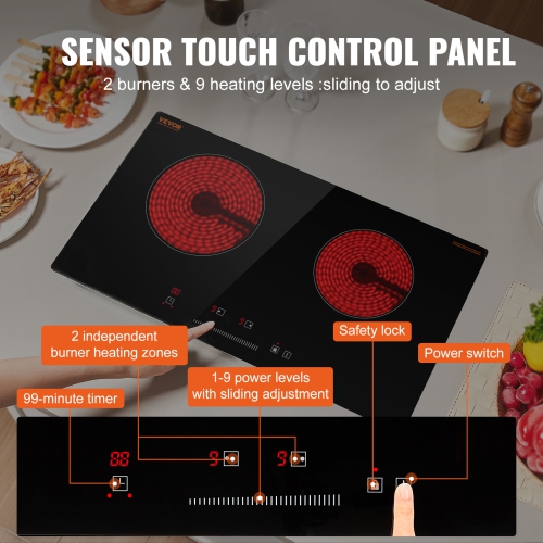 VEVOR 24 inch Electric Cooktop, 2 Burners Built-in Electric Stove Top, 1800W Ceramic Top Radiant Cooktop with Glass Panel, Touch Control, Timer,