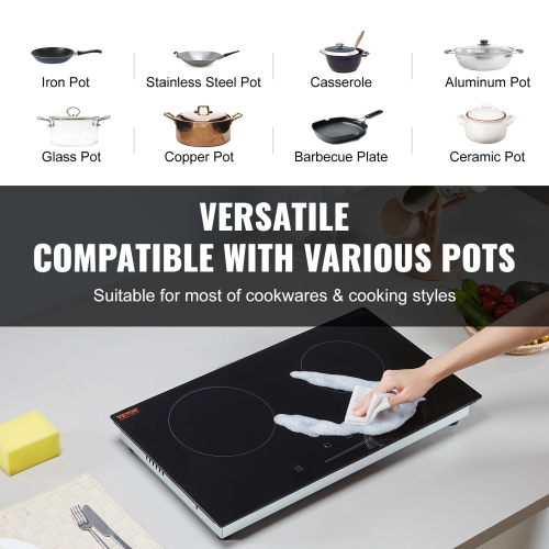 VEVOR 24 inch Electric Cooktop, 2 Burners Built-in Electric Stove Top, 1800W Ceramic Top Radiant Cooktop with Glass Panel, Touch Control, Timer,