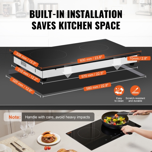 VEVOR 24 inch Electric Cooktop, 2 Burners Built-in Electric Stove Top, 1800W Ceramic Top Radiant Cooktop with Glass Panel, Touch Control, Timer,