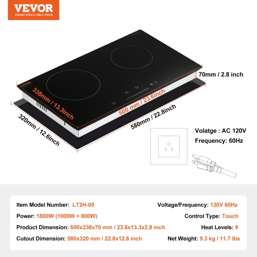 VEVOR 24 inch Electric Cooktop, 2 Burners Built-in Electric Stove Top, 1800W Ceramic Top Radiant Cooktop with Glass Panel, Touch Control, Timer,