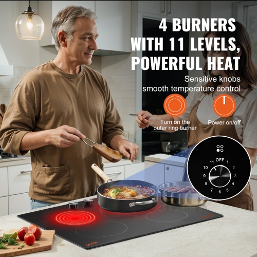 VEVOR 24 inch Electric Cooktop, 4 Burners Built-in Electric Stove Top, 6000W Ceramic Top Radiant Cooktop, with Glass Panel, Knob Control, 11 Heat