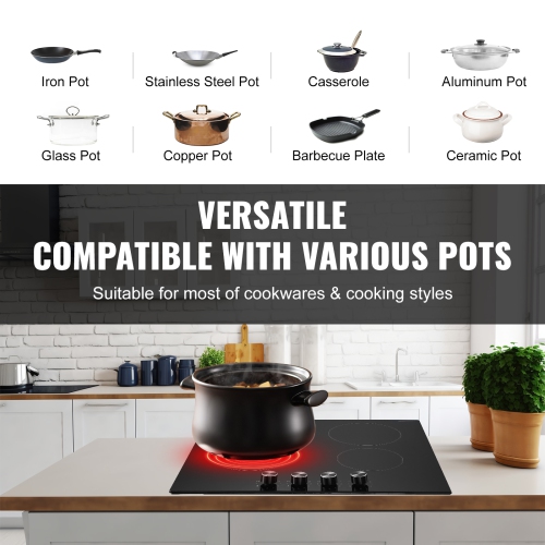 VEVOR 24 inch Electric Cooktop, 4 Burners Built-in Electric Stove Top, 6000W Ceramic Top Radiant Cooktop, with Glass Panel, Knob Control, 11 Heat