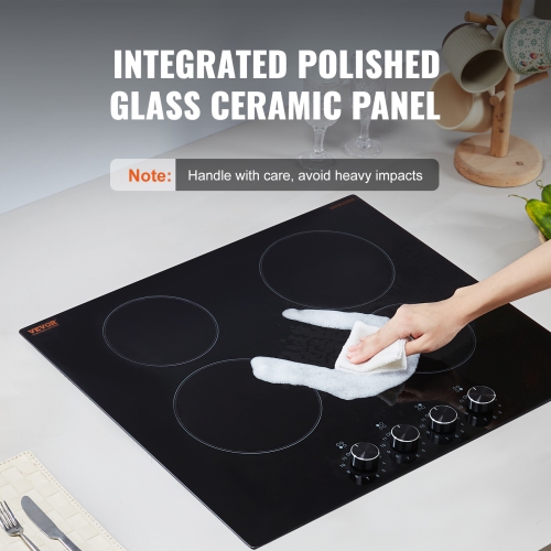 VEVOR 24 inch Electric Cooktop, 4 Burners Built-in Electric Stove Top, 6000W Ceramic Top Radiant Cooktop, with Glass Panel, Knob Control, 11 Heat