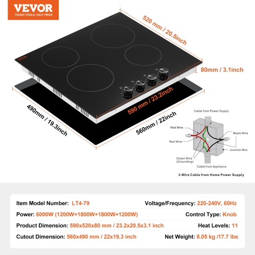 VEVOR 24 inch Electric Cooktop, 4 Burners Built-in Electric Stove Top, 6000W Ceramic Top Radiant Cooktop, with Glass Panel, Knob Control, 11 Heat