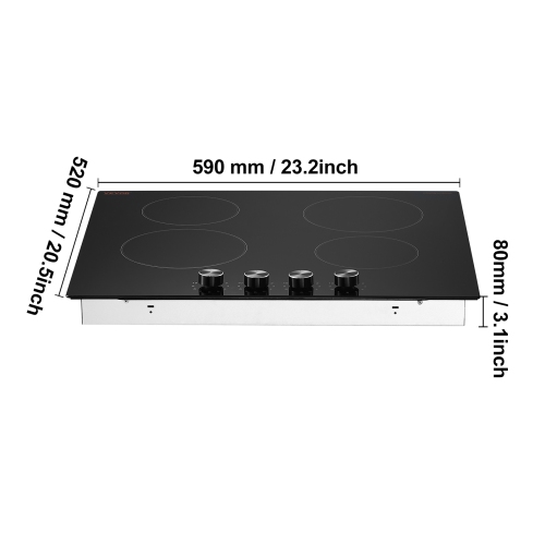 VEVOR 24 inch Electric Cooktop, 4 Burners Built-in Electric Stove Top, 6000W Ceramic Top Radiant Cooktop, with Glass Panel, Knob Control, 11 Heat