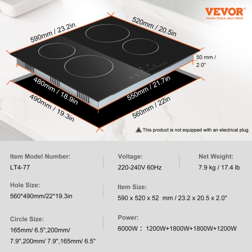 VEVOR 23.2 x 20.5 inch Built in Electric Stove Top,4 Burners, 240V Glass Radiant Cooktop with Sensor Touch Control,Timer & Child Lock Included, 9
