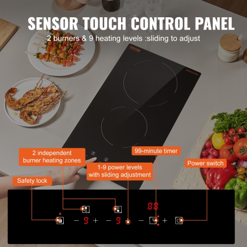 VEVOR 20 x 11.6 inch Built in Electric Stove Top, 2 Burners, 240V Glass Radiant Cooktop with Sensor Touch Control, Timer & Child Lock Included, 9