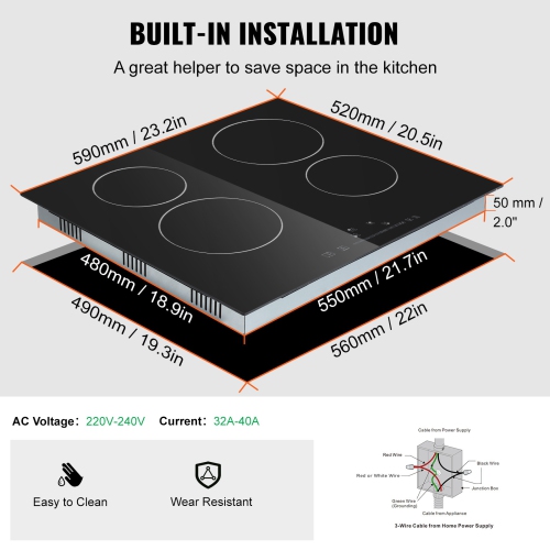VEVOR 20 x 11.6 inch Built in Electric Stove Top, 2 Burners, 240V Glass Radiant Cooktop with Sensor Touch Control, Timer & Child Lock Included, 9