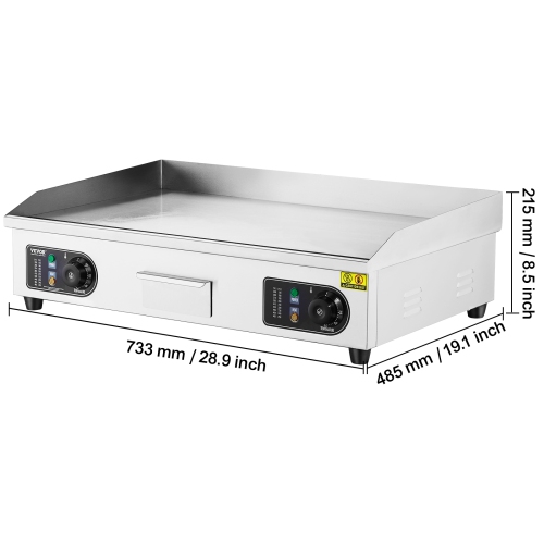 VEVOR 2800W Commercial Electric Griddle, Countertop Flat Top Grill, 122℉-572 ℉ Adjustable Temp, 28.74x15.75x0.39in Stainless Steel Griddle Grill with