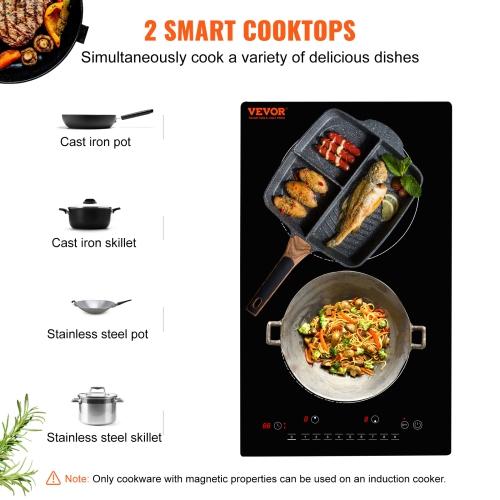 VEVOR 2 Burners Electric Cooktop, 12'' Induction Stove Top, Built-in Magnetic Cooktop 1800W, 9 Heating Level Multifunctional Burner, LED Touch Screen