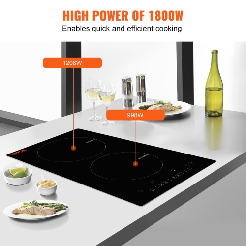 VEVOR 2 Burners Electric Cooktop, 12'' Induction Stove Top, Built-in Magnetic Cooktop 1800W, 9 Heating Level Multifunctional Burner, LED Touch Screen