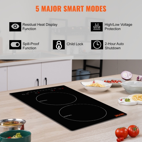 VEVOR 2 Burners Electric Cooktop, 12'' Induction Stove Top, Built-in Magnetic Cooktop 1800W, 9 Heating Level Multifunctional Burner, LED Touch Screen