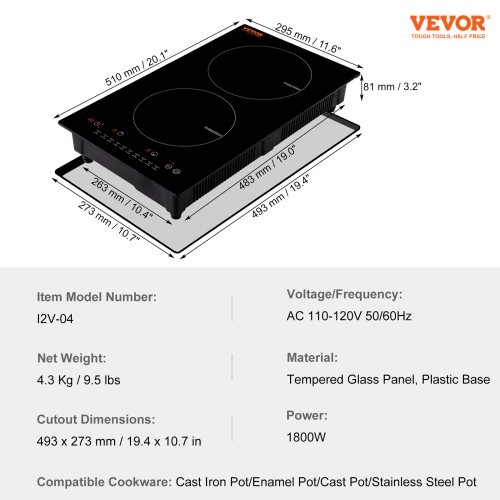 VEVOR 2 Burners Electric Cooktop, 12'' Induction Stove Top, Built-in Magnetic Cooktop 1800W, 9 Heating Level Multifunctional Burner, LED Touch Screen
