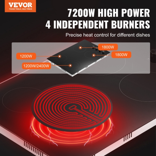 VEVOR 30 inch Electric Cooktop, 4 Burners Built-in Electric Stove Top, 7200W Ceramic Top Radiant Cooktop, with Glass Panel, Knob Control, 11 Heat