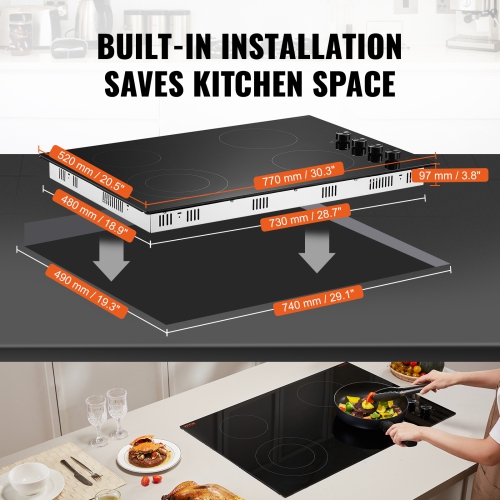 VEVOR 30 inch Electric Cooktop, 4 Burners Built-in Electric Stove Top, 7200W Ceramic Top Radiant Cooktop, with Glass Panel, Knob Control, 11 Heat