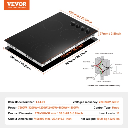 VEVOR 30 inch Electric Cooktop, 4 Burners Built-in Electric Stove Top, 7200W Ceramic Top Radiant Cooktop, with Glass Panel, Knob Control, 11 Heat
